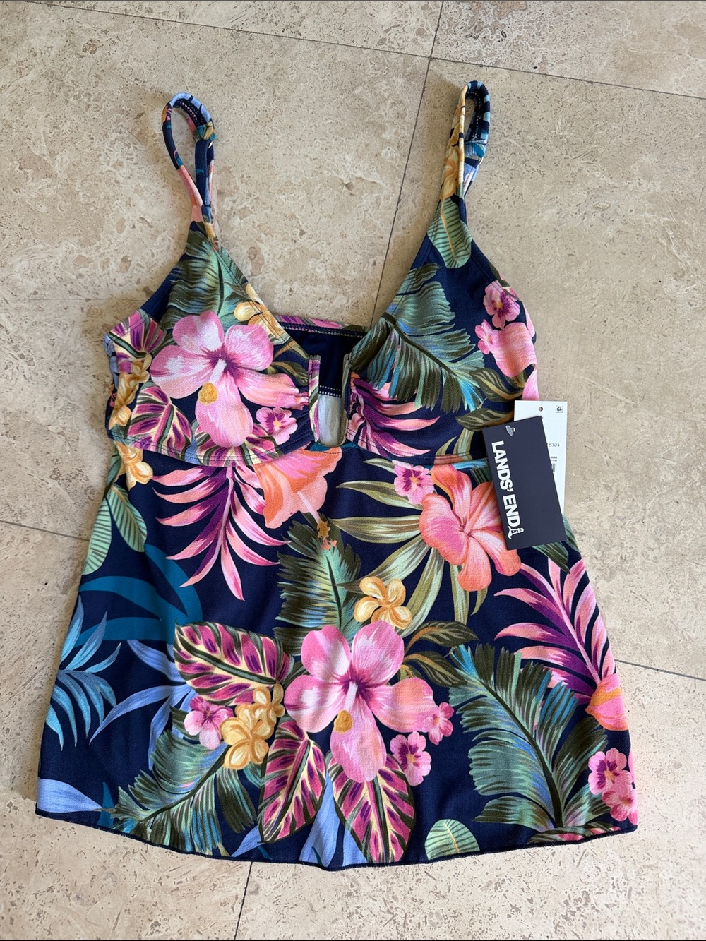 NWT Lands' End: Navy Floral Swim Tankini with Pink, Teal & Coral Blooms